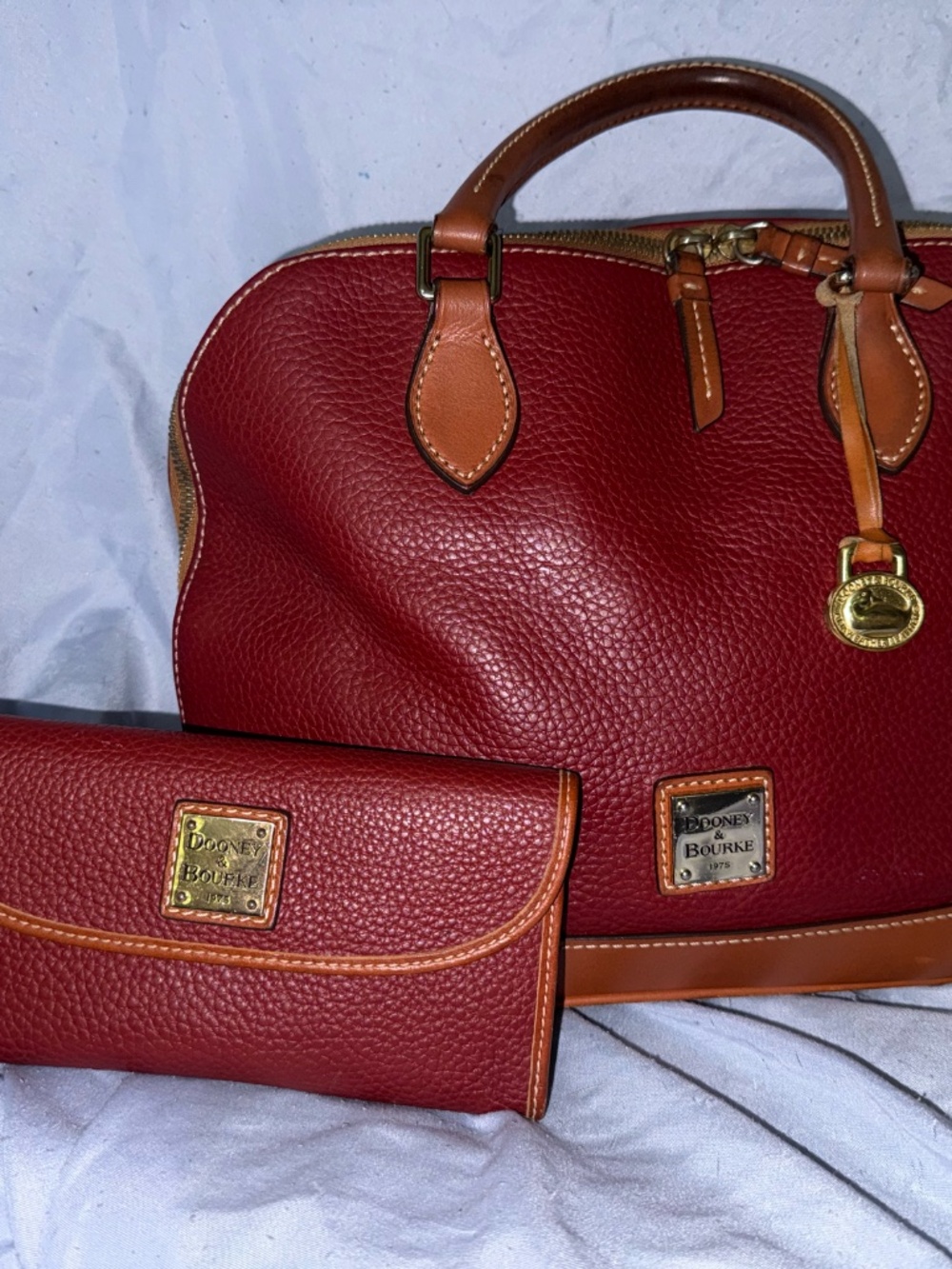 Dooney & Bourke Red (Wine) Pebble Leather Satchel + Matching Wallet Set